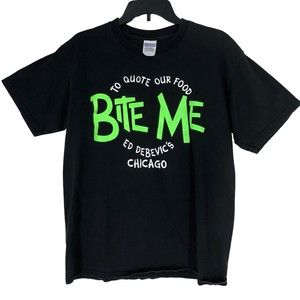 Men’s Neon “Bite Me” Graphic T-Shirt; Ed Debevic’s Chicago Black Light Glow M